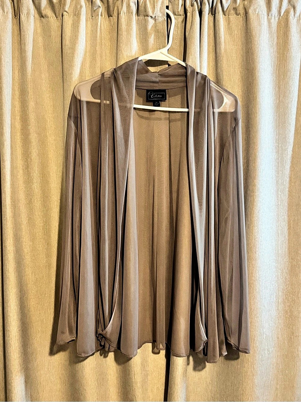 Dressbarn Collection Sheer Draped Open Front Cardigan Jacket Taupe 2X